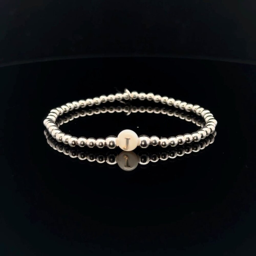 925 Sterling Silver Beaded Stretch Stacking Bracelet MOP Letter Initial J
